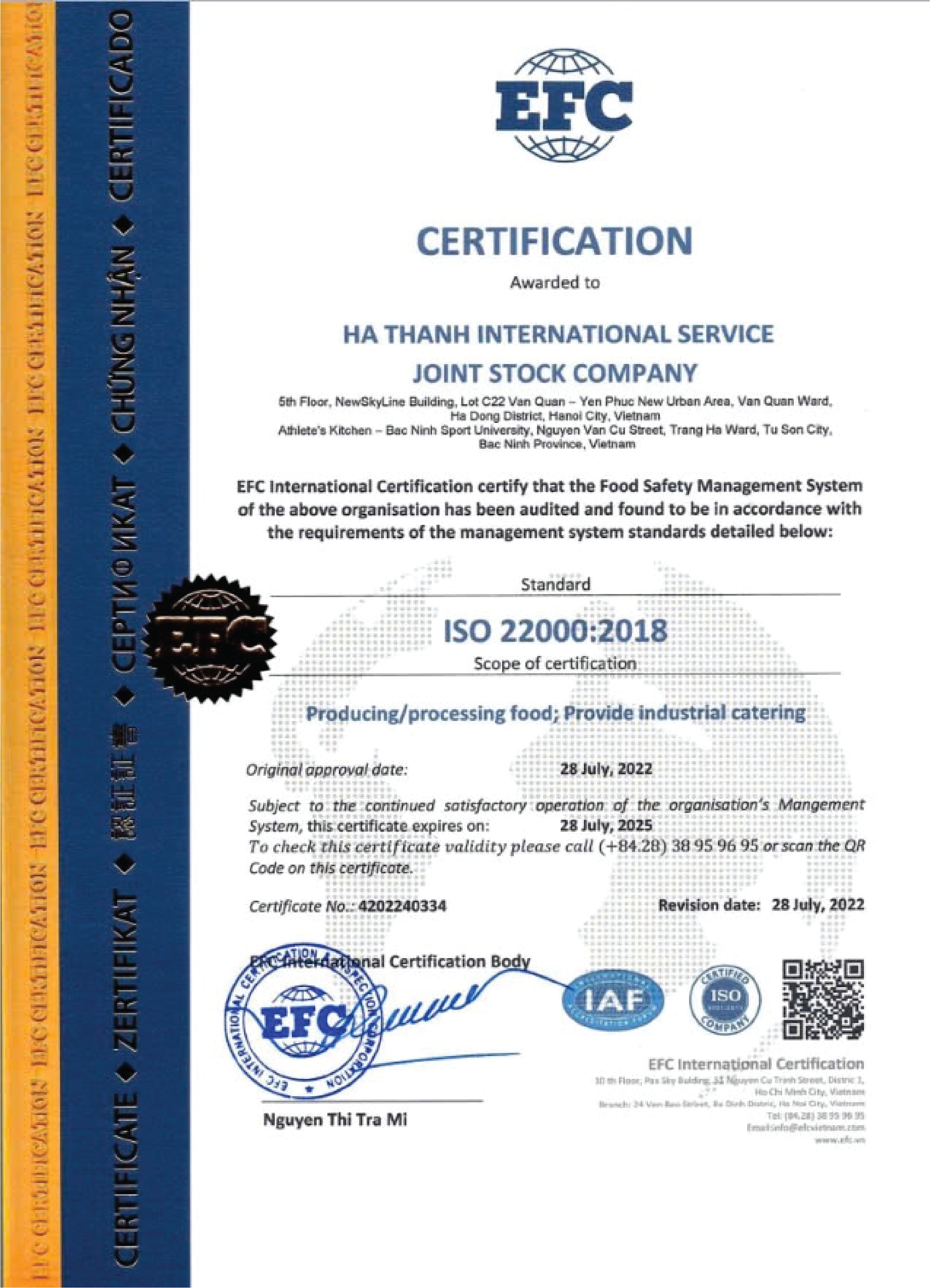 Chứng nhận ISO 22000:2018 về hệ thống quản lý an toàn thực phẩm