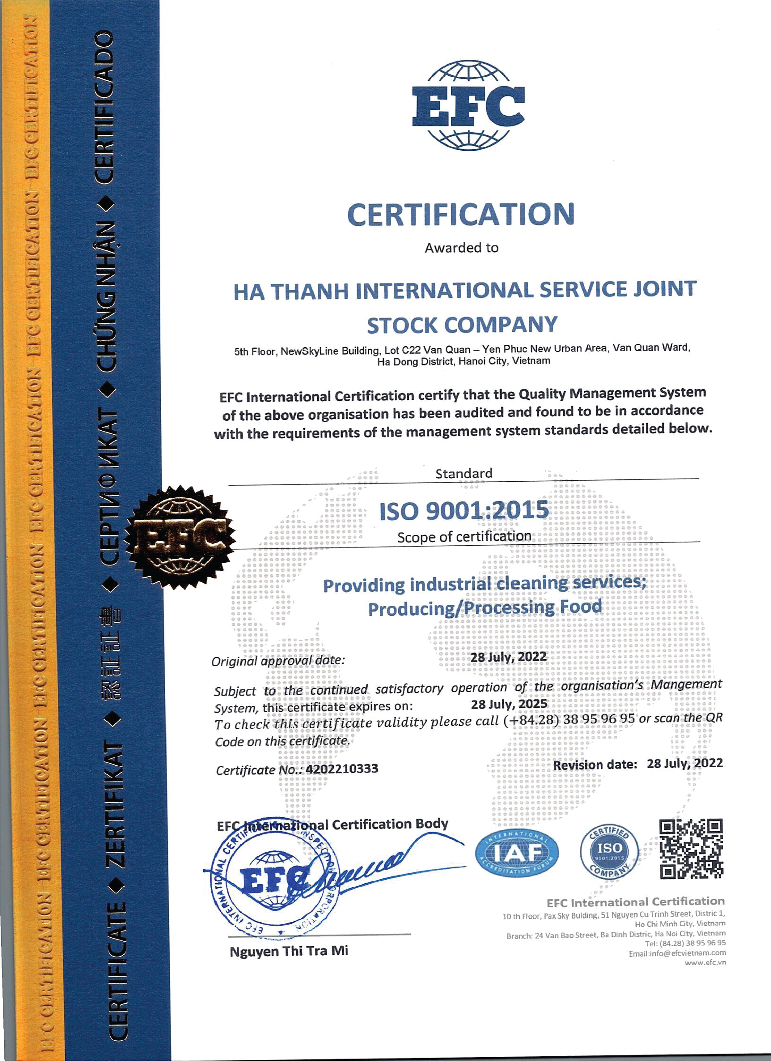 Chứng nhận ISO 22000:2015 vè hệ thống quản lý an toàn thực phẩm